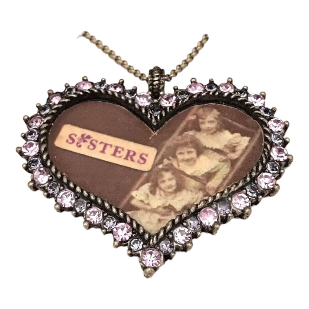 New Heart Necklace "Sisters" Oxidized Silver Tone Purple Crystals Signed MMW 5N